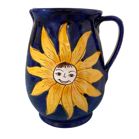 Celestial Sun Face Moon And Stars Blue & Yellow Pottery Pitcher Vase - Picture 1 of 7